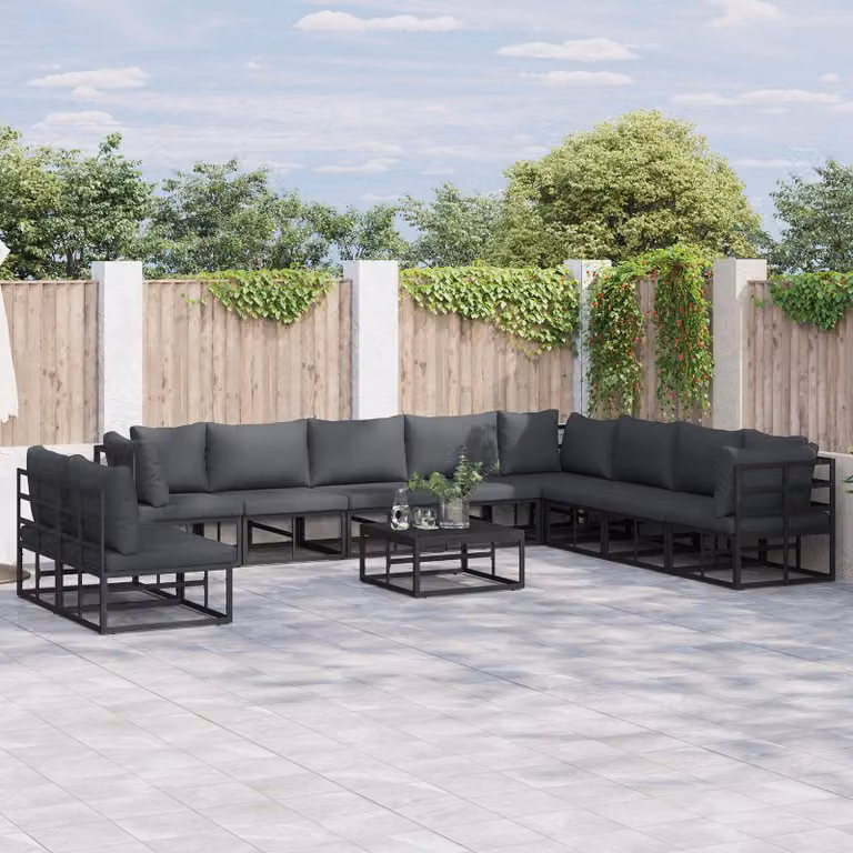 Set Divano da Giardino a L vidaXL 11 pz in Alluminio Verniciato Nero con Cuscini Imbottiti e Rivestimenti Rimovibili