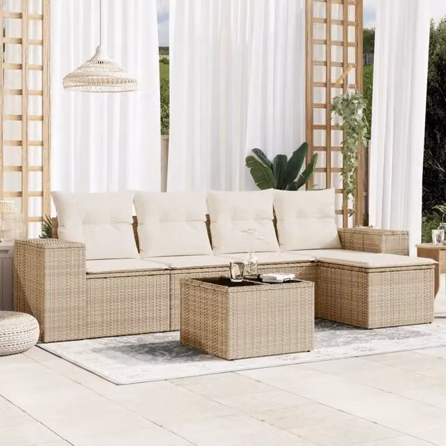 Set Divano da Giardino a L VIDAXL in Polyrattan Beige con Cuscini, 6 Pezzi