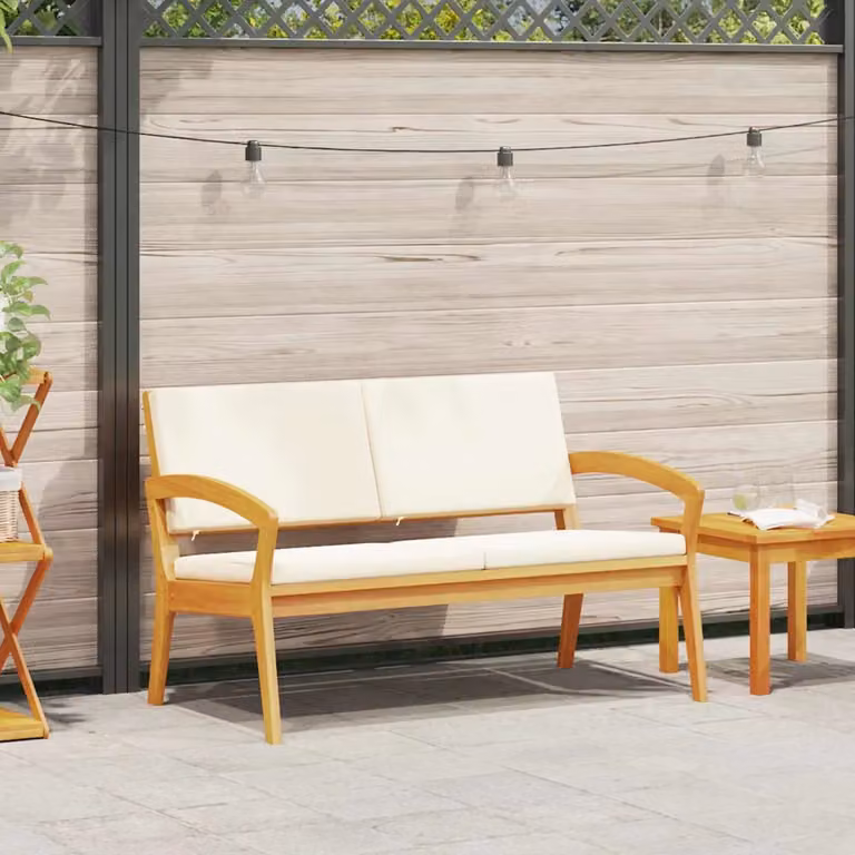 Panchina da giardino moderna vidaXL in legno di acacia massello oliato con braccioli e cuscini inclusi