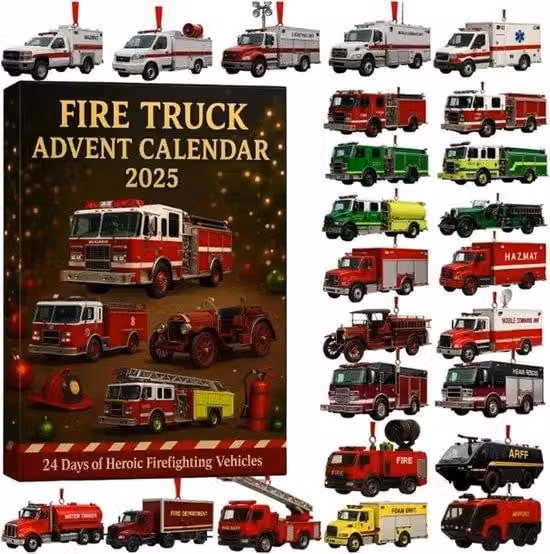 Calendario dell'Avvento 2025 - Calendario dell'Avvento a tema auto con 24 sorprese - 24 giorni per contare le feste - Decorazioni a tema camion dei pompieri in miniatura - Perfetto per la casa - Regalo per le feste - Decorazioni per le feste - Decorazioni