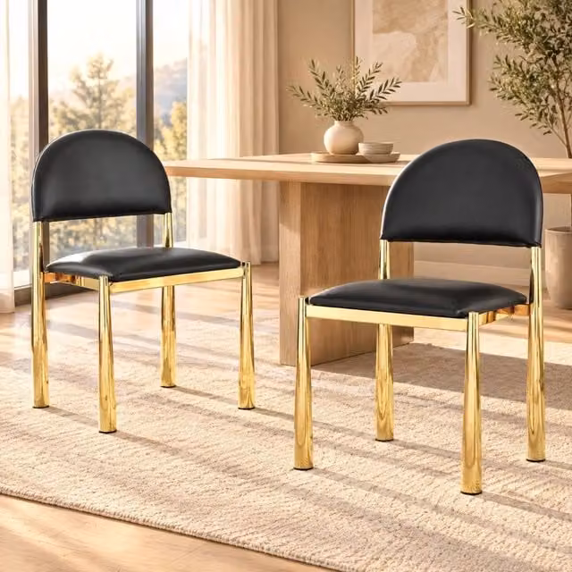 Sedia da pranzo moderna nera in PU con schienale semicircolare e gambe in metallo