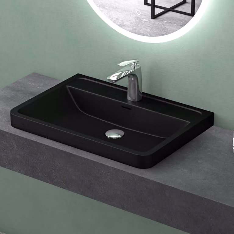 Lavabo in resina minerale, 90 cm, nero opaco, rettangolare
