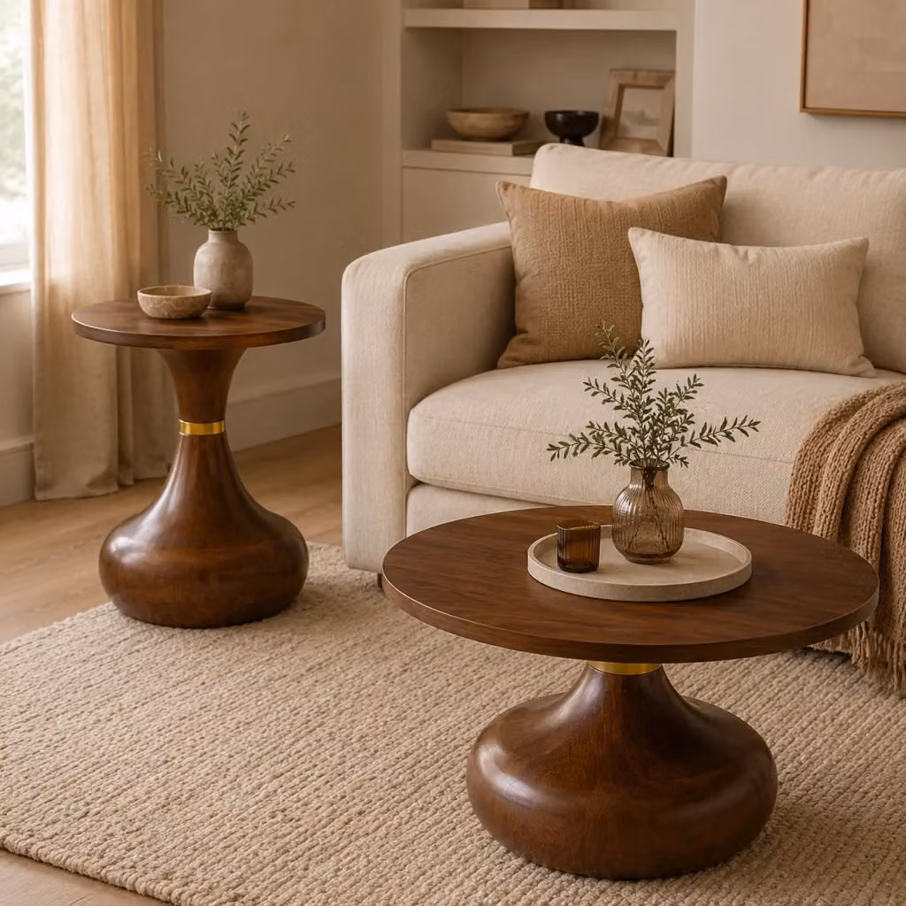 Set di 2 tavolini moderni REDOM in MDF effetto noce e metallo oro, Ø 70 cm e Ø 50 cm – 2