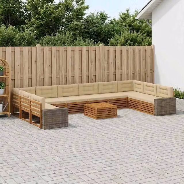 Set di divani da giardino a forma di U vidaXL in legno di acacia massello con cuscini beige e marroni