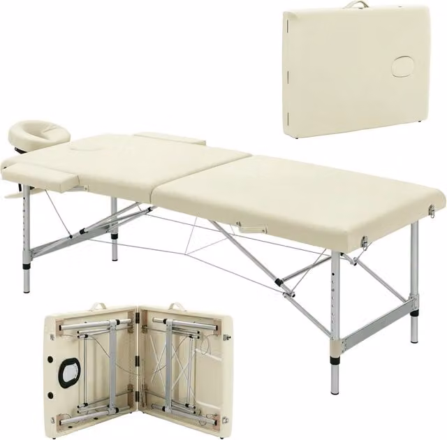 Tavolo da massaggio pieghevole e portatile, telaio in alluminio, colore crema, 210 x 90 cm, altezza regolabile, max 225 Kg, con borsa da trasporto