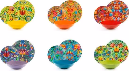 Servizio da tavola a 6 persone in ceramica e porcellana con disegni floreali multicolori, 18 pezzi