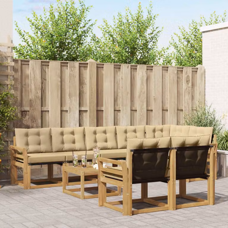 vidaXL Set di divani da esterno a L composto da 9 pezzi in legno di acacia con cuscini bianchi e beige