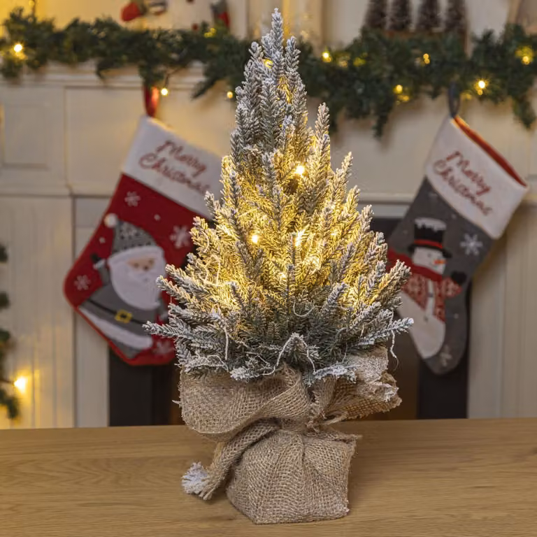 albero di Natale a 20 LED bianco caldo con timer e funzionamento a batteria aspetto neve 45 cm
