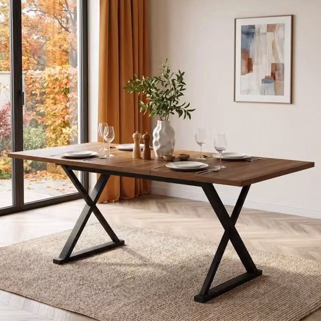 Tavolo da pranzo moderno per 6–8 persone con gambe a X in metallo MDF color noce 180 × 90 × 75 cm