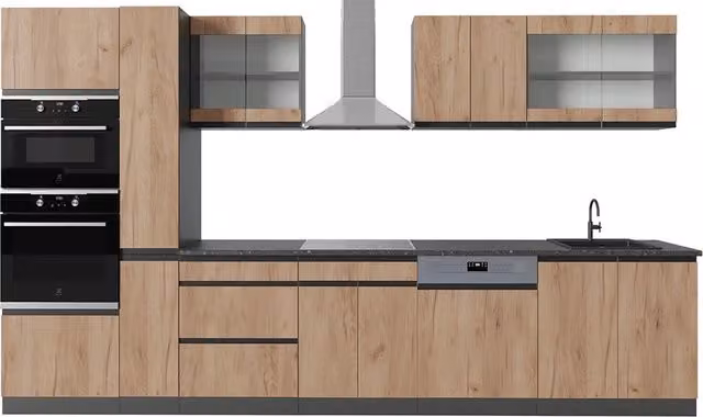 Cucina componibile moderna Vicco R-Line in Rovere e Antracite, forma a J con mobile alto, larghezza: 350 cm
