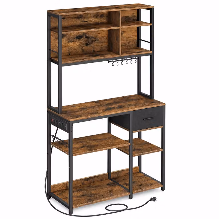 VASAGLE Scaffale Cucina con Multipresa | SONGMICS HOME, Marrone Vintage + Nero Inchiostro / 100l cm