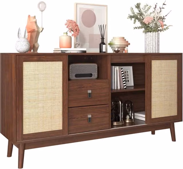 Credenza in stile mid-century con 3 ante scorrevoli in rattan naturale e 2 cassetti, colore marrone, ideale per soggiorno o camera da letto, L: 155 cm, P: 38 cm, H: 80 cm