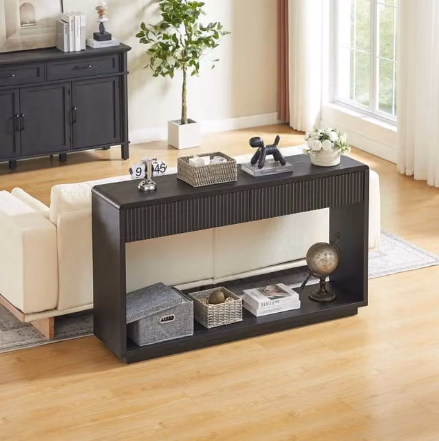 Tavolo consolle moderno nero carbone 150 cm con due ampi cassetti e ripiano aperto, per ingresso e soggiorno