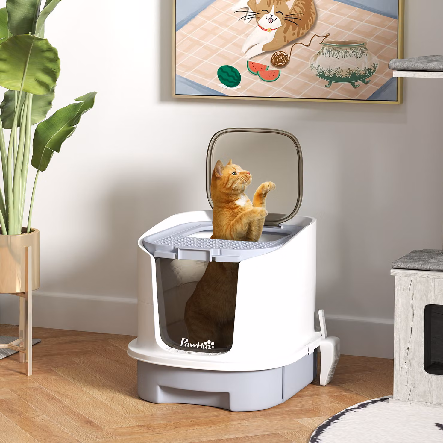 Lettiera per gatti chiusa PawHut con tetto rimovibile, vassoio estraibile e design moderno, Grigio e Bianco – 2