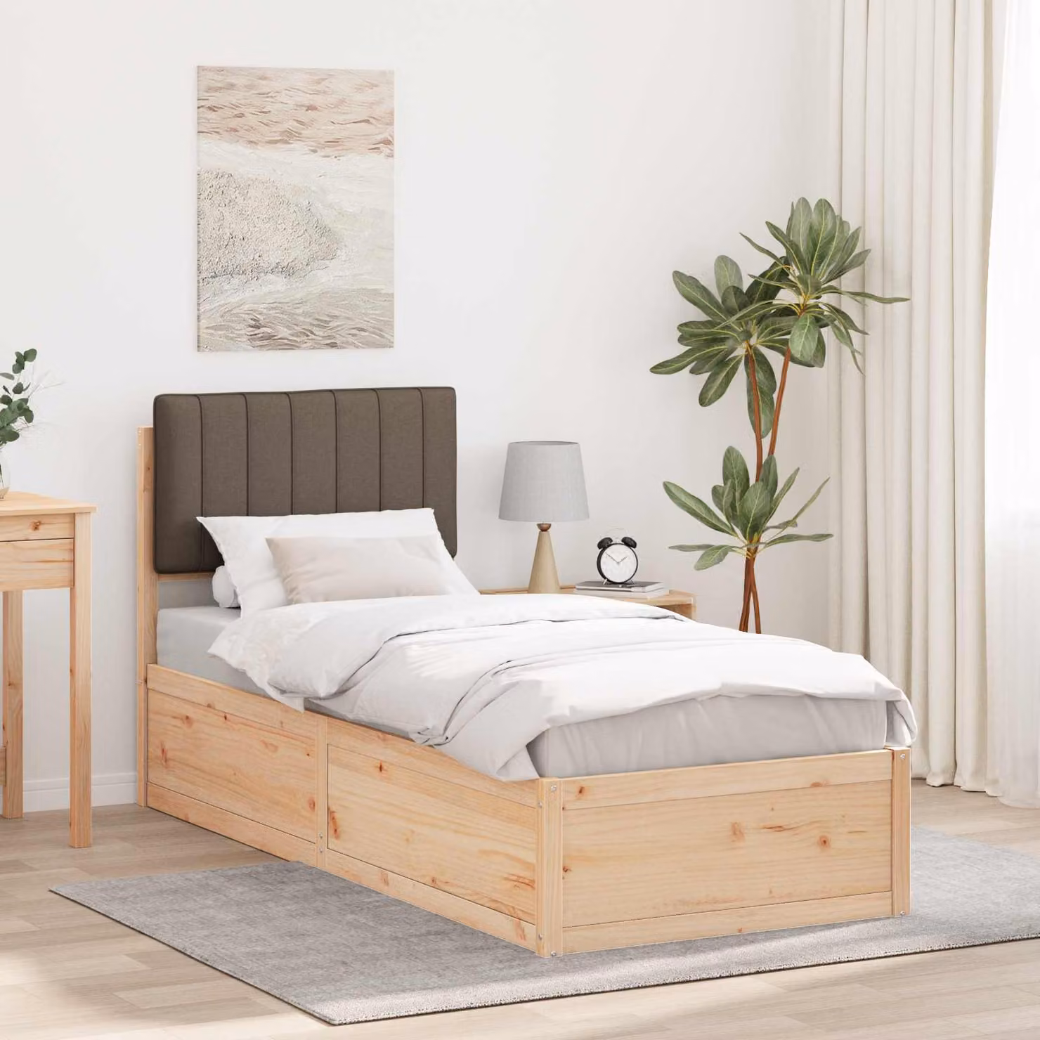 Letto con Testiera Rivestita in Tessuto e Pino Massello vidaXL, Colore Beige o Grigio, L/P/H: 80 x 200 x 85,5 cm – 1