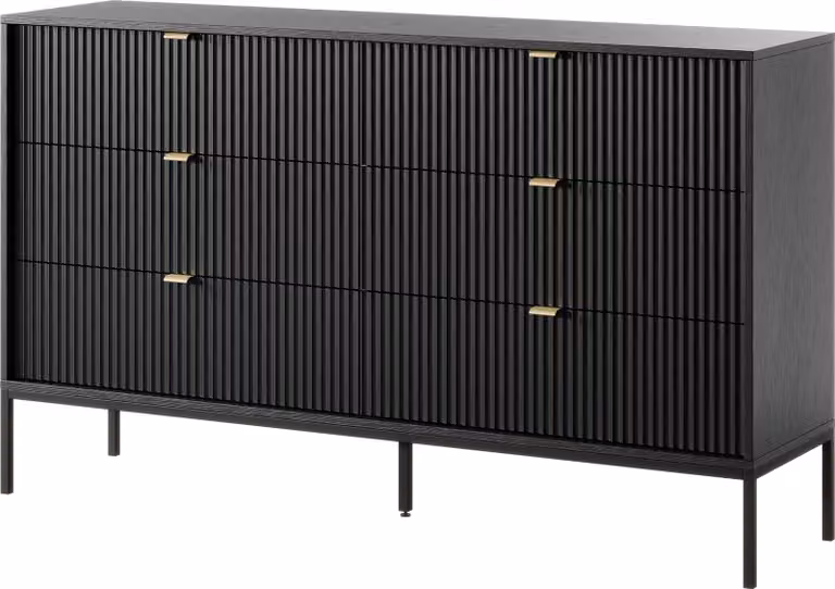 Masseno Comò STELLARE 154 cm Credenza con 6 cassetti per soggiorno camera da letto Moderno 154x39x91 cm Nero / Nero