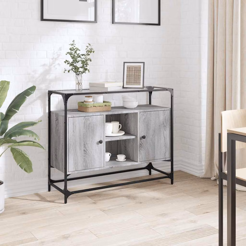 Credenza vidaXL con piano in vetro, colore grigio Sonoma, in legno multistrato e metallo, L 98 cm x P 35 cm x H 81 cm