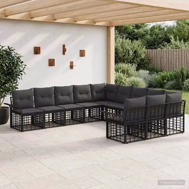 Set di divani da esterno 11 pz Nero e Grigio scuro Poliestere 3437781