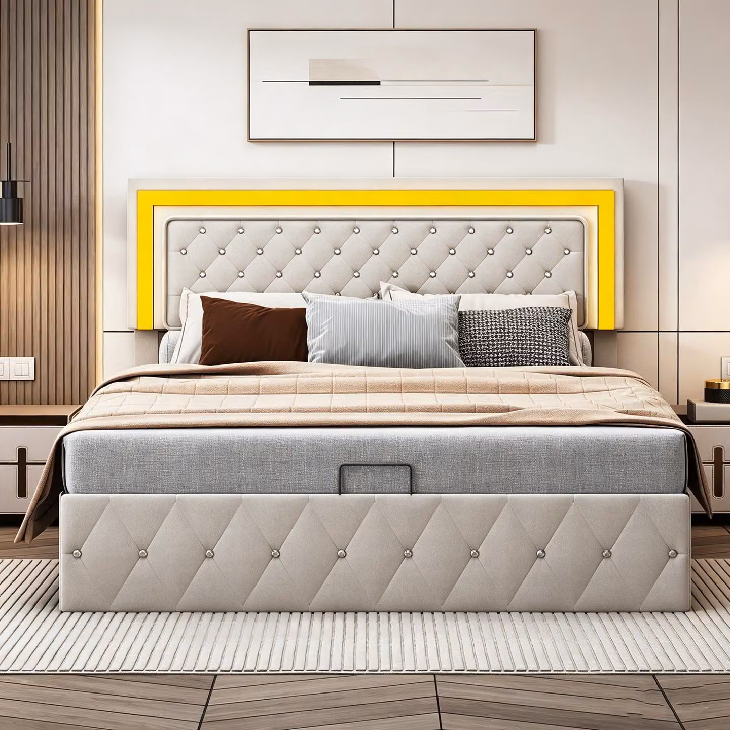 Letto contenitore con boxspring, 140x200 cm, con illuminazione LED, imbottito, ideale per ragazzi, con spazio contenitore, meccanismo a sollevamento idraulico, rivestito in velluto, colore beige.