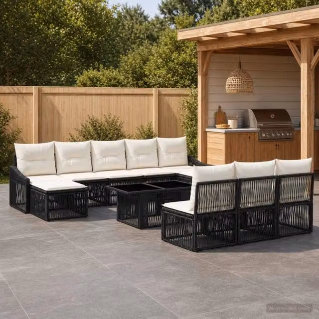 Set Divano da Giardino Moderno vidaXL in Polyrattan Nero e Bianco Crema con 11 Pezzi e Cuscini Inclusi – 1