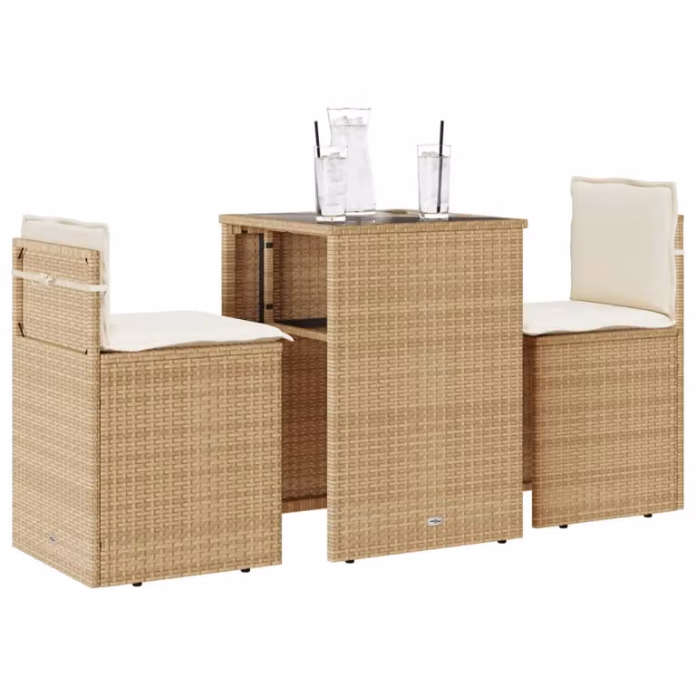 Set da Bistrò vidaXL in Polyrattan con Cuscini Beige e Piano in Vetro per Giardino e Balcone