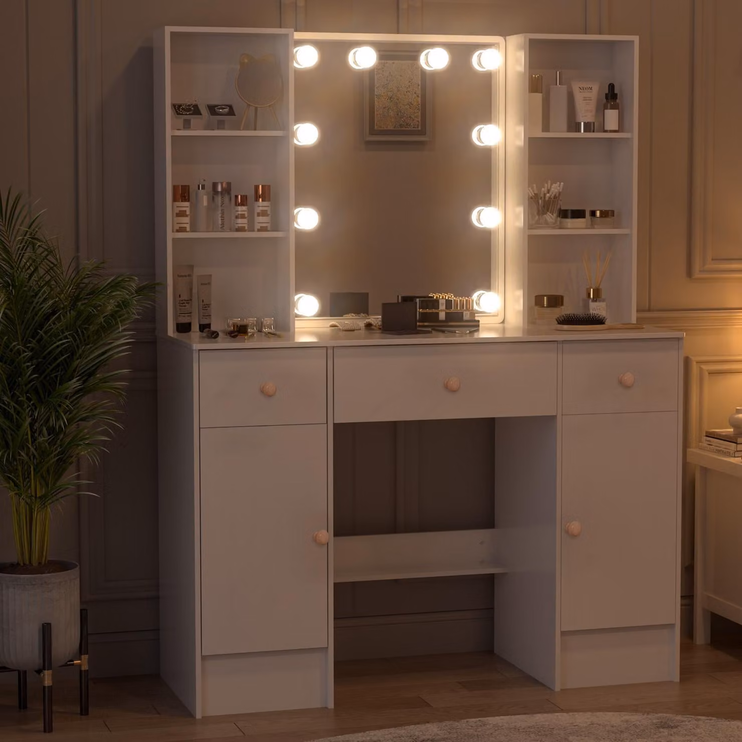 Tavolino da trucco con specchio a LED - Bianco - 3 cassetti - Legno