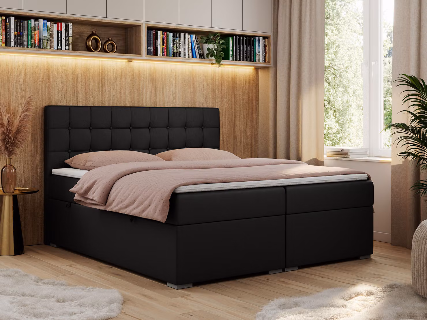 Letto boxspring, letto matrimoniale, letto imbottito con testiera, contenitore - CARMEN - 180x200 - Nero - Pelle finta - H4