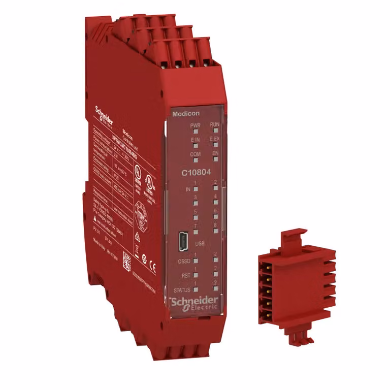 CPU Schneider Electric del controllore di sicurezza modulare Modicon XPSMCM, V2, 8E, 4A, morsetti a molla, con connettore bus posteriore XPSMCMC10804BG