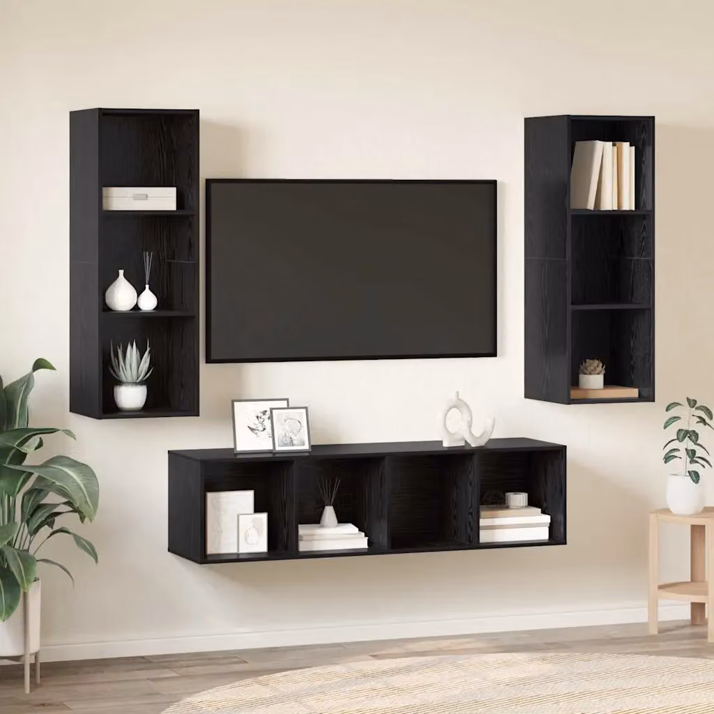 Set mobile TV moderno vidaXL in 3 pezzi, Rovere e Nero, in legno MDF per soggiorno – 1