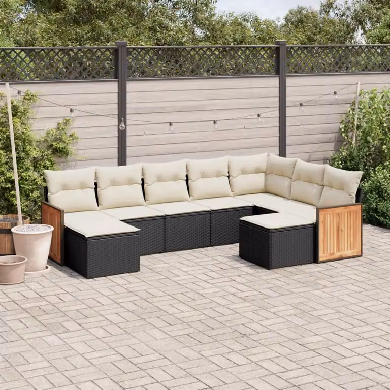 vidaXL Set Divani da Giardino a L 9 pz in Polyrattan Nero con Cuscini e Coperture Rimovibili