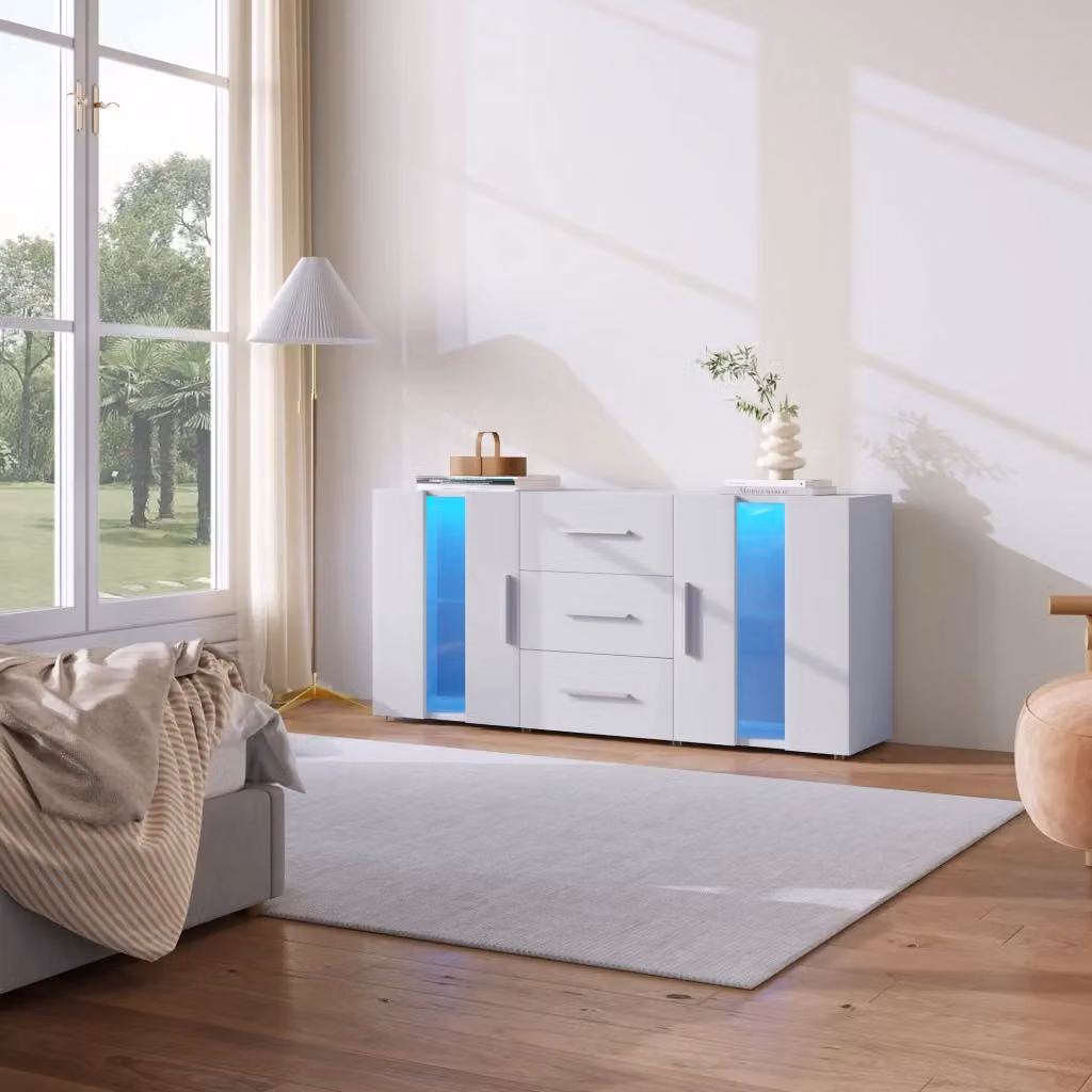 Credenza moderna Zephmum con luci LED bianca lucida L/P/H: 140 x 35 x 70 cm – 2