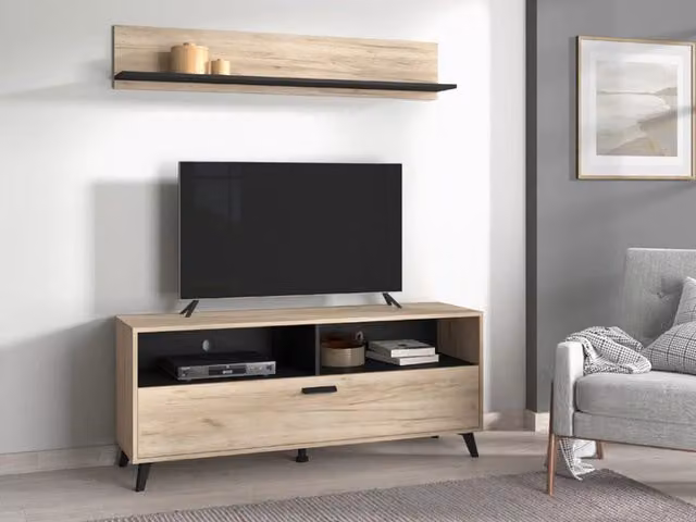 Mobile porta TV DMORA Platania con 3 ripiani, design moderno in legno, Marrone Rovere e Grigio, L: 137.5 cm, P: 40 cm, H: 57.5 cm