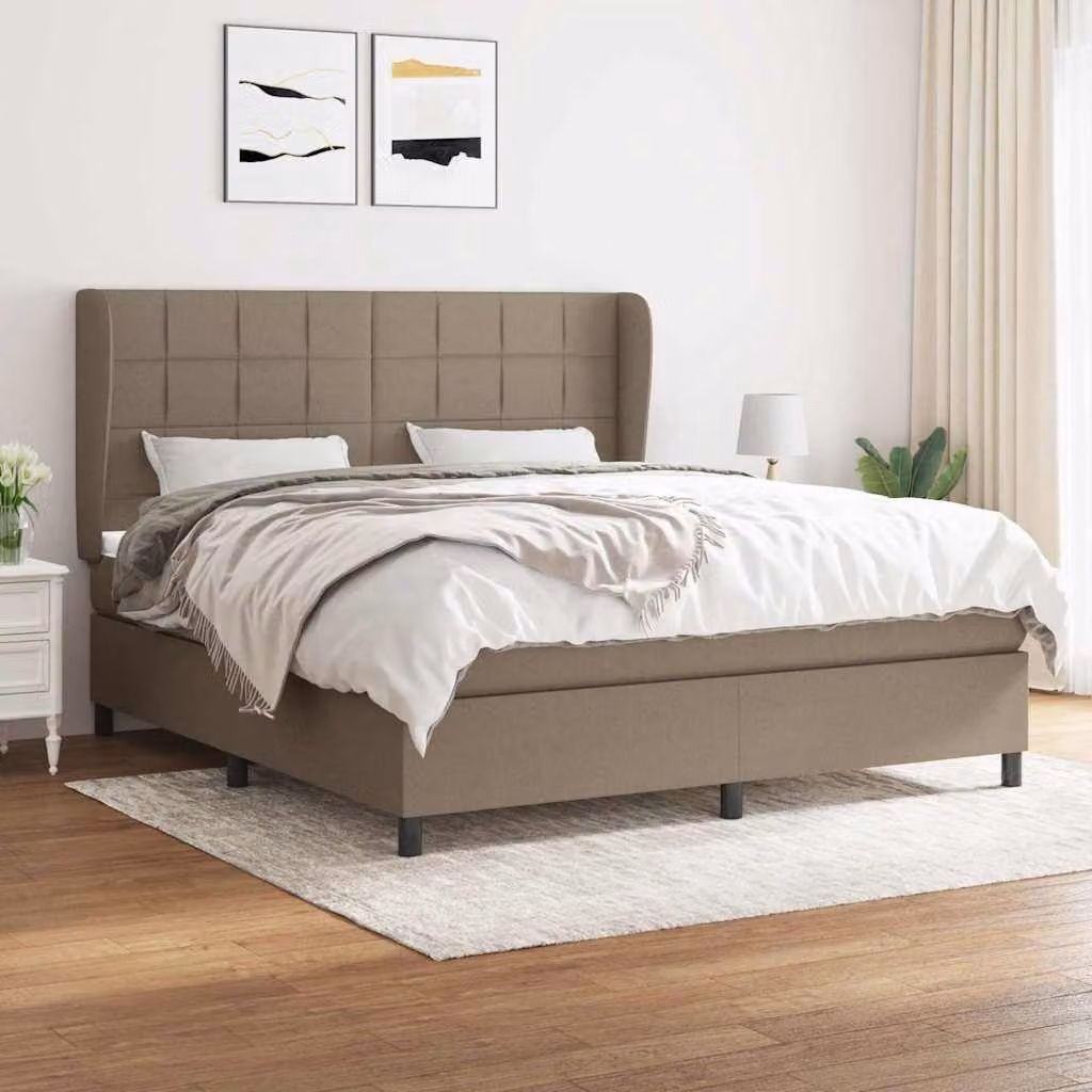 vidaXL Giroletto a Molle con Materasso in Tessuto Beige e Bianco, L/P/H: 183 x 203 x 128 cm – 1