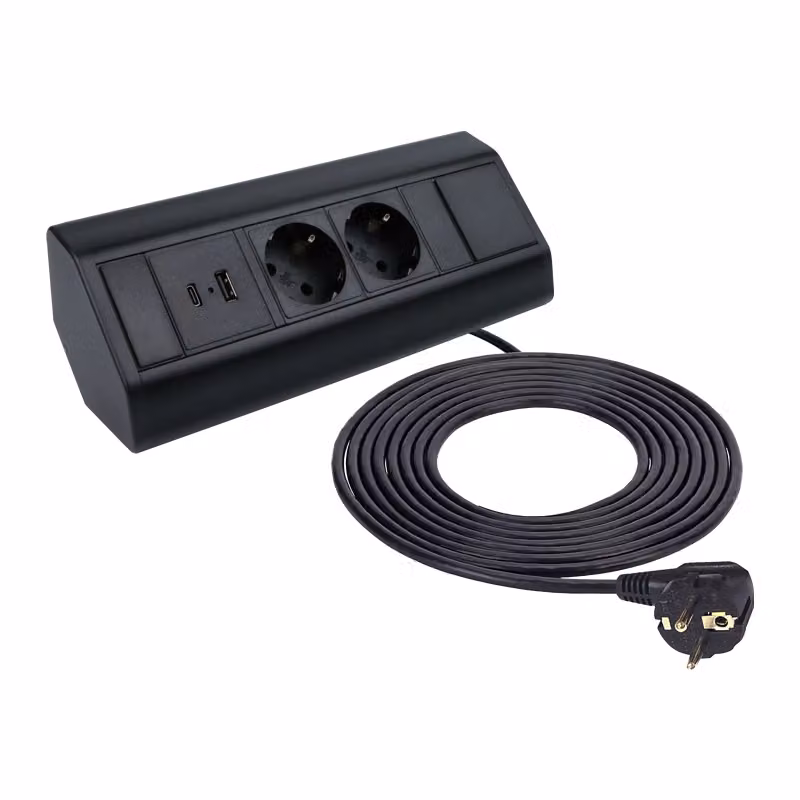 Prese angolari da incasso, modello "Corner Box", per mobili, con prese USB di tipo A e C, e 2 prese Schuko