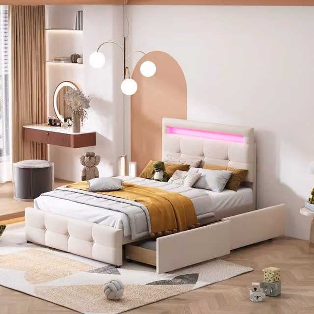 Letto singolo imbottito beige con 2 cassetti, illuminazione LED e rete inclusa, L/P/H: 90 x 200 cm