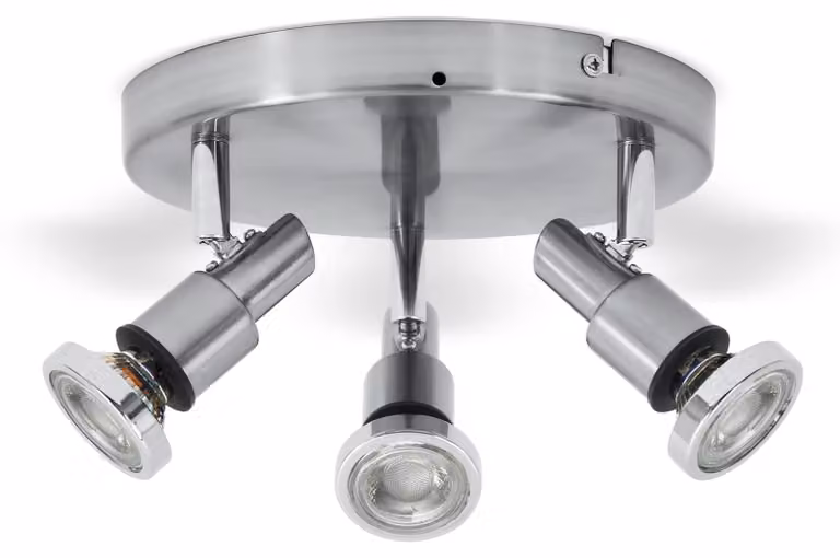 Plafoniera LED da soffitto con faretti orientabili, lampadario bagno resistente agli schizzi d'acqua IP44, include 3 lampadine GU10 5W, metallo color nickel opaco, faretti LED luce calda 3000K, 230V