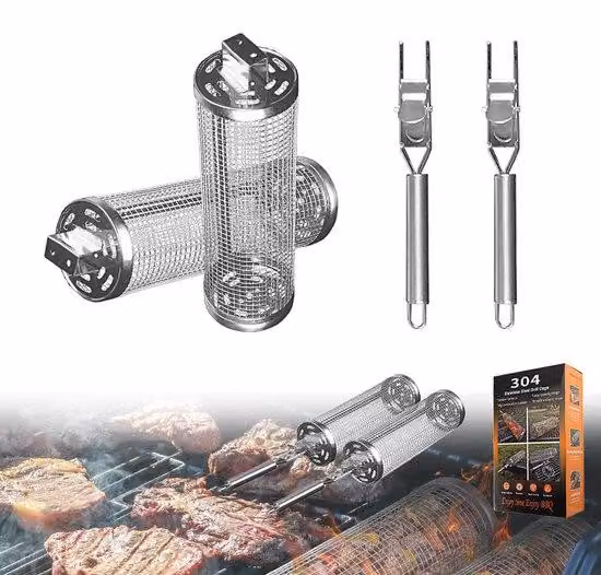 Allecto - Set di griglie - 2 pezzi - Acciaio inossidabile - Cestello girevole - Manico removibile - Accessori per barbecue - Ideale per la cottura alla griglia - Set...