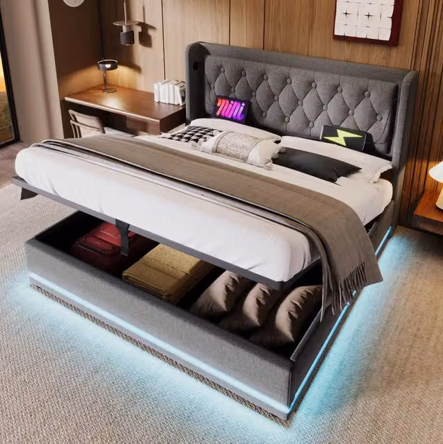 Letto matrimoniale 180x200 cm grigio in cotone con LED, ricarica USB-C e vano contenitore
