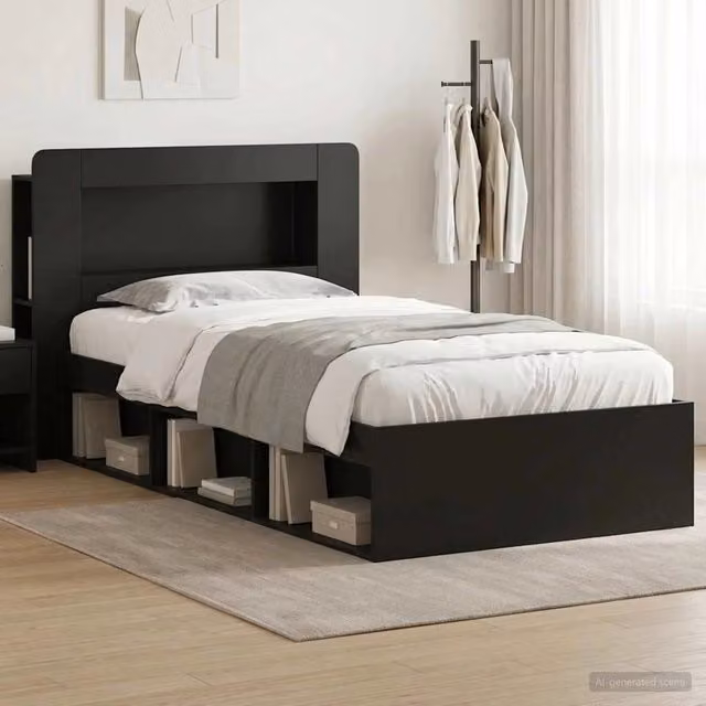 Letto con contenitore e testiera vidaXL in legno nero L: 190 cm, P: 143,5 cm, H: 93,5 cm