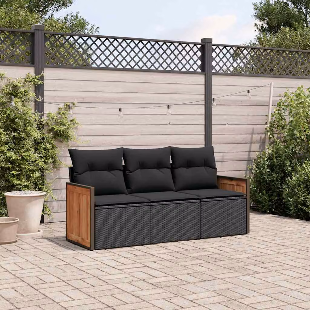 Set di Divani da Giardino vidaXL in Polyrattan Nero con Cuscini e Struttura in Metallo – 1