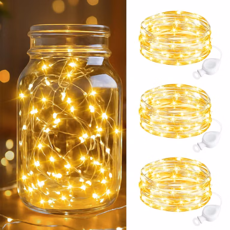 Set di 3 catene luminose, lunghezza 2 metri, 20 LED, luce bianco caldo, alimentazione a batteria