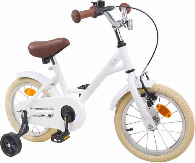 Bicicletta per bambini da 14 pollici bianca con struttura in metallo e pneumatici in gomma