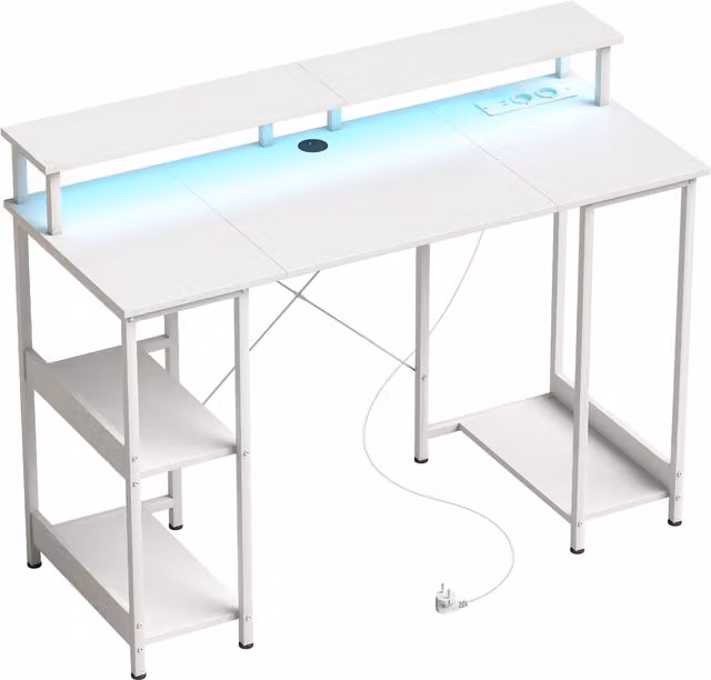 Scrivania per Computer HOMCOM Reversibile con Ripiani, Prese Elettriche e Luci LED, Bianco Effetto Legno, L: 120 cm, P: 50 cm