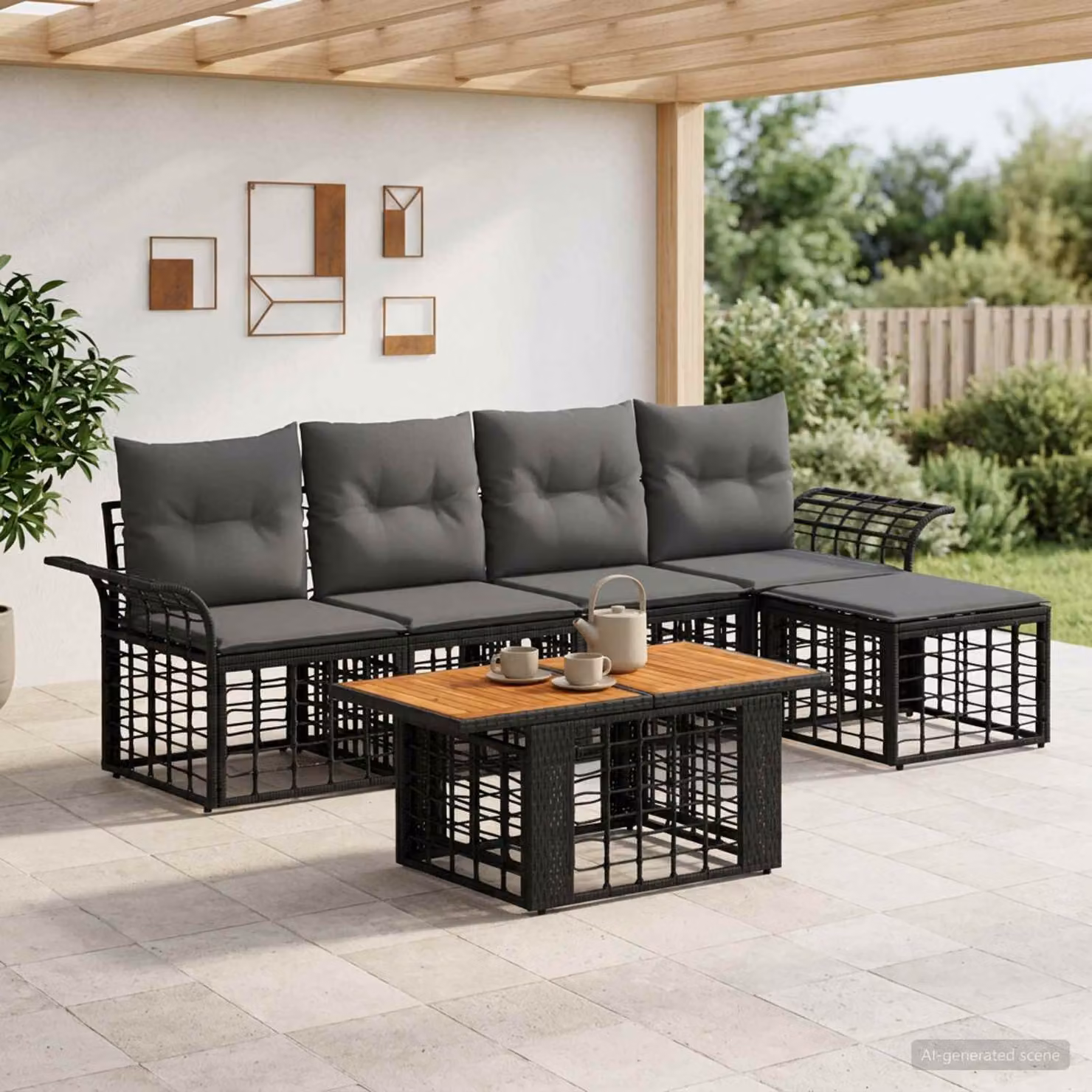 Set Divano da Giardino vidaXL 6 Pezzi in Polyrattan con Cuscini, Colore Nero e Grigio scuro