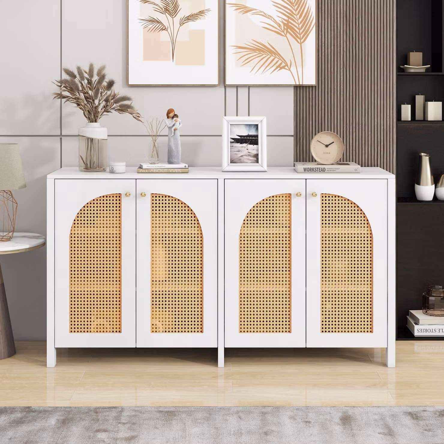 Credenza Merax con ripiani regolabili, cassettiera con ante in rattan, credenza per soggiorno, 145x80x40cm, bianco
