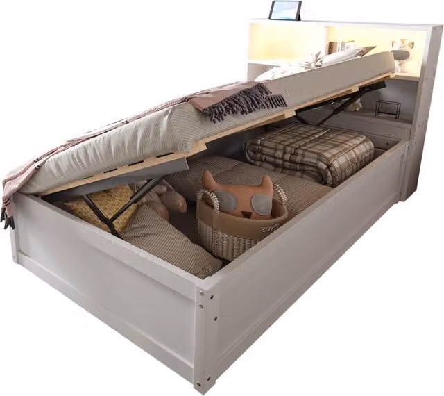 Letto singolo 90x200 in legno bianco con 4 vani， LED e presa integrata， senza materasso
