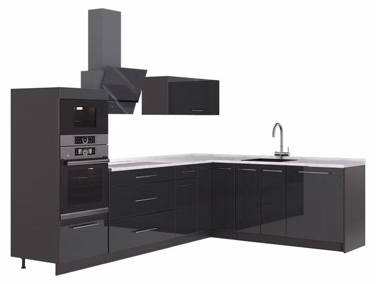 Cucina angolare completa Vicco Fame-Line Antracite lucido/Antracite 287 x 207 cm, PL Marmo, Model 63457