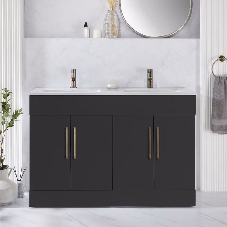 Mobile Bagno a Terra Grigio Nero da 1210mm con Doppio Lavabo e Maniglie con Barra a T in Ottone Spazzolato - Cluo