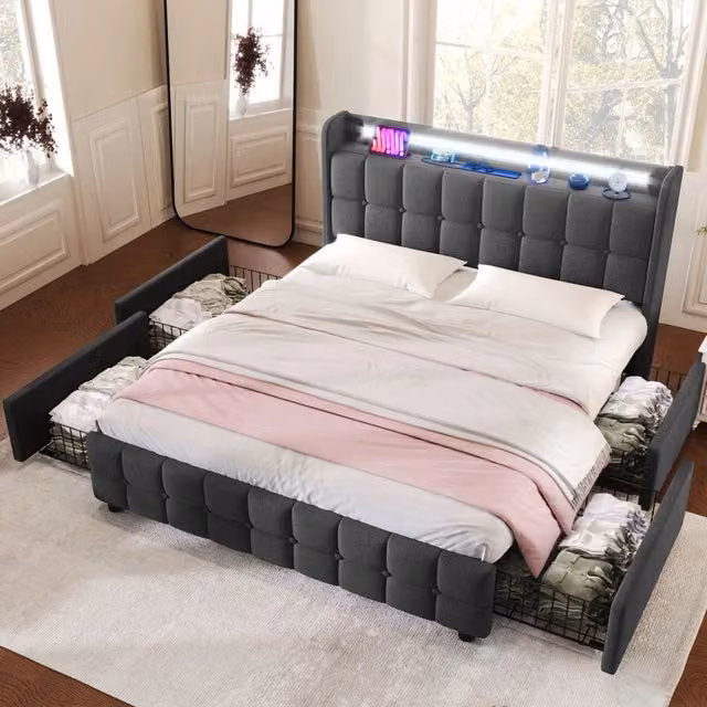 Letto matrimoniale OKWISH moderno in tessuto grigio con 4 cassetti, prese USB, illuminazione LED sottostante e ripiani portaoggetti, L/P: 140 x 200 cm