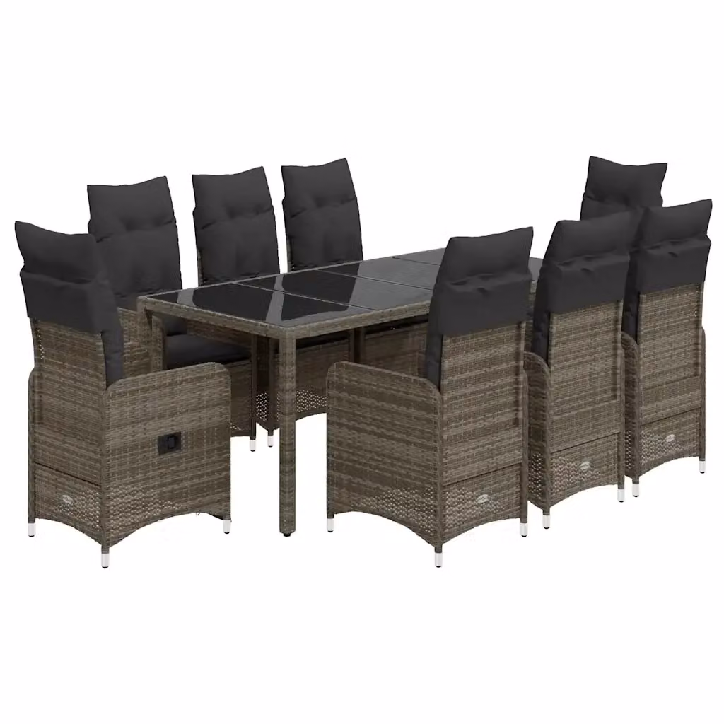 Set Bistrò da Giardino vidaXL in Polyrattan Grigio con Cuscini e Tavolo in Vetro, 9 Pezzi – 2